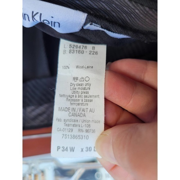 Calvin Klein Black Stripe Slim Fit Hipped Seam Pockets, Men's Wool Dress‎ Pants - Picture 6 of 7